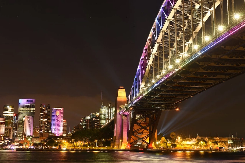 Stunning night view of Sydney Harbour Bridge with illuminated city skyline reflecting on the water