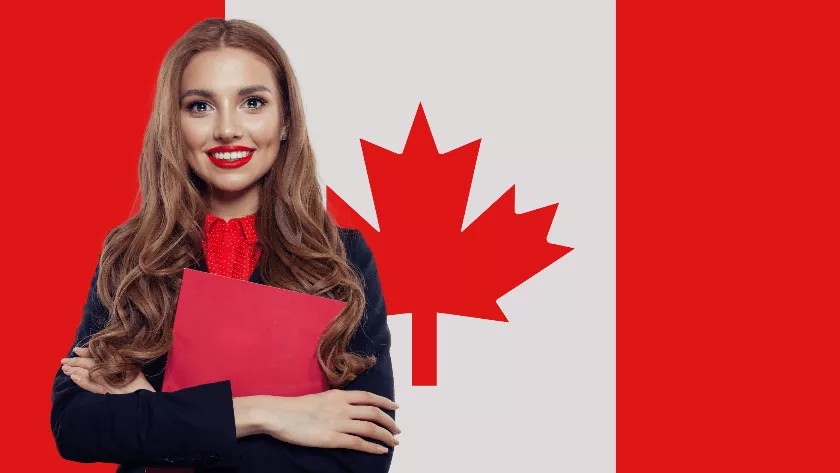 A girl with books with canadian flag in the background