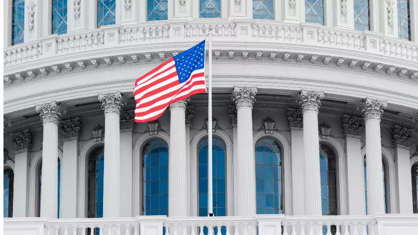 United states flag in front of a building