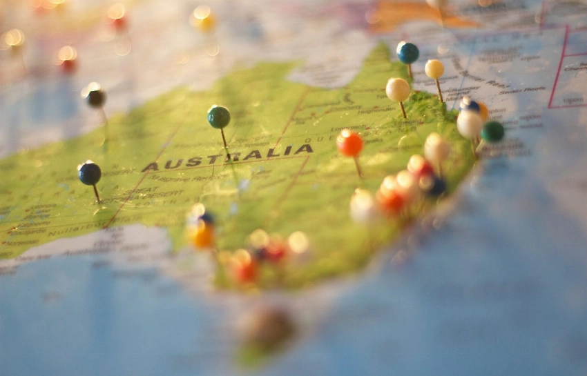 Map of Australia with pins; Hospitality Management Courses in Australia