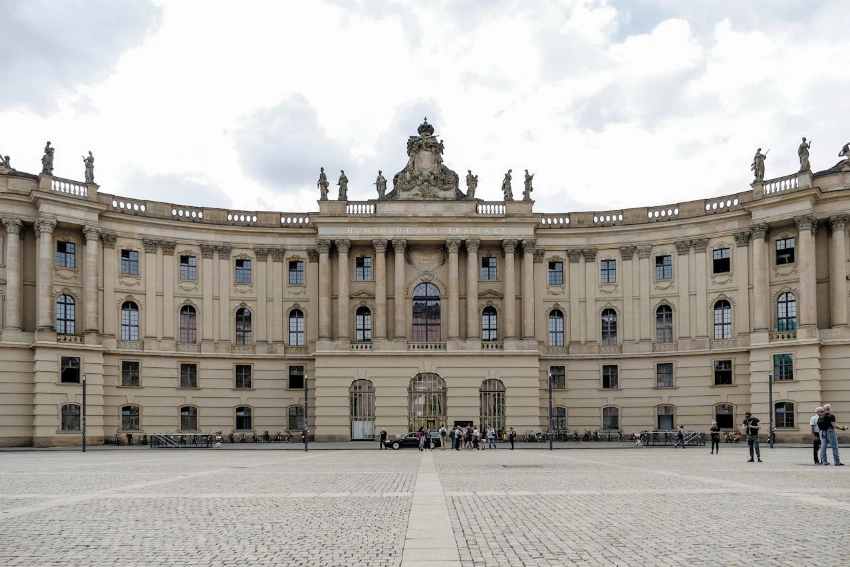 Elegant facade of Humboldt University's library in Berlin, showcasing neoclassical architecture