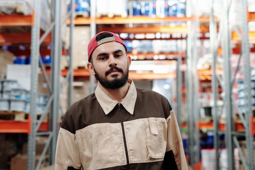 Young bearded man in uniform standing in a busy warehouse environment