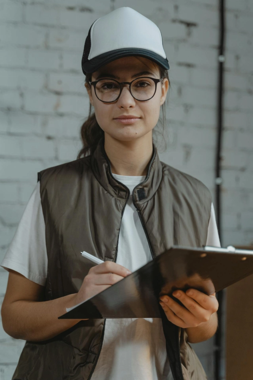 Female worker in warehouse writing on clipboard, focused on logistics tasks